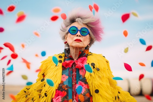 Fine Art Photograph, Outdoor Portrait photo of elderly asian lady, granny, pink hair, blue glasses, red lips, crazy wild scene, colourful, yellow and pink, fun outfit, wild clothing, comical photo