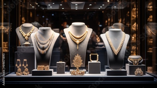 Foto Jewelry diamond rings and necklaces show in luxury retail store window display s