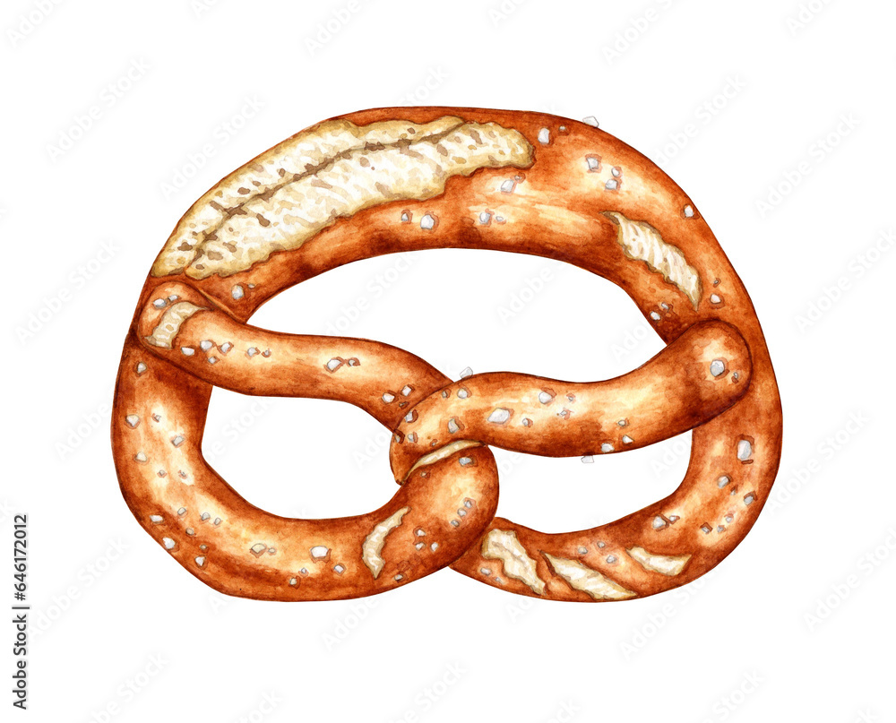 Watercolor illustration of a pretzel with salt. Traditional German pastry. Oktoberfest. For menu, banner, poster printing, recipes, labels, package design. Isolated on white Watercolor illustration of a pretzel with salt. Traditional German pastry. Oktoberfest. For menu, banner, poster printing, recipes, labels, package design. Isolated on white