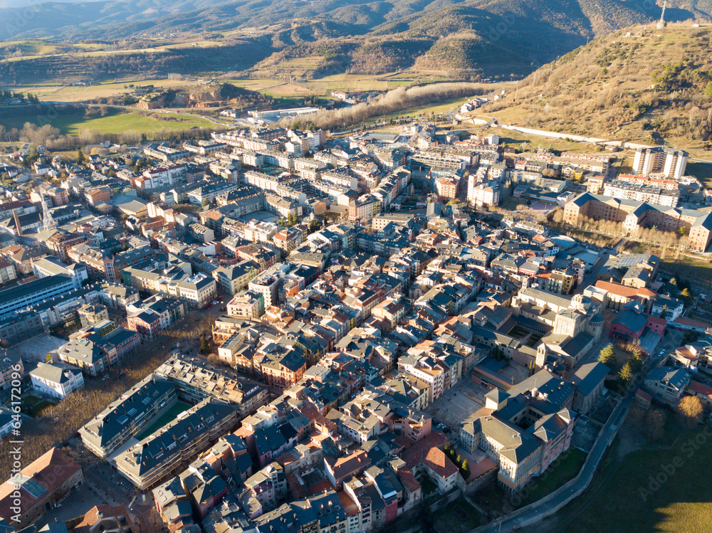 View from drone of Catalan city of La Seu d'Urgell with medieval Cathedral of of la Seu d'Urgell