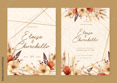 Red and white rose and cosmos modern wedding invitation rustic boho watercolor template with floral and flower