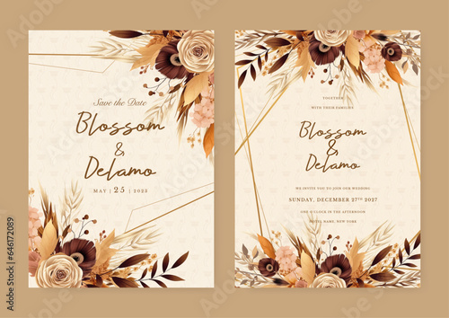 Beige and brown rose and poppy modern wedding invitation rustic boho watercolor template with floral and flower