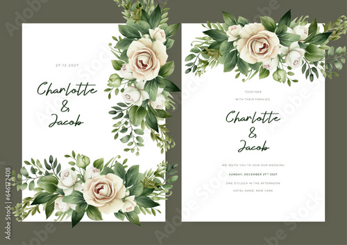 White rose modern wedding invitation rustic boho watercolor template with floral and flower