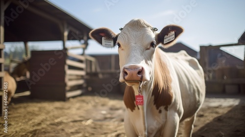 Holstein Friesian cattle (also Schleswig-Holstein breed) with distinctive markings on pasture. Curious cows looking into camera. Tagged ears to identify animals. August day in Estonia. : Generative AI