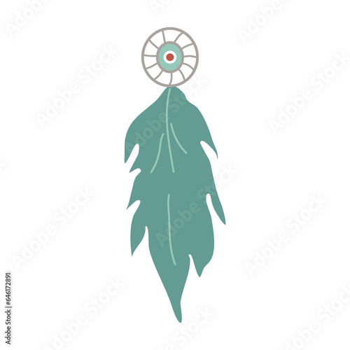 Wild tribes bird feather pendant. Talisman amulet. Poster design, flyer. Vector illustration.