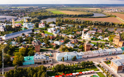 View from drone on Orthodox Churches and old russian architecture in Kolomna Kremlin in summer, Russia