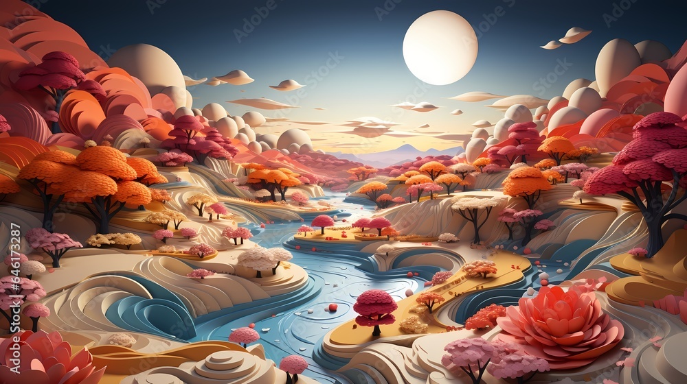 Surreal Dream Scape inspired by 3D art - dreamy river in the valley (Generative AI)