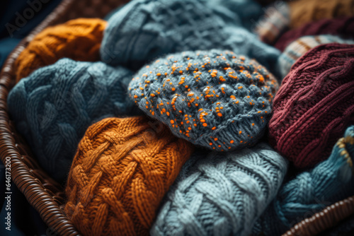The texture of knitted winter mittens is showcased in a close-up photograph, drawing attention to the warmth they provide during cold days. Generative Ai.