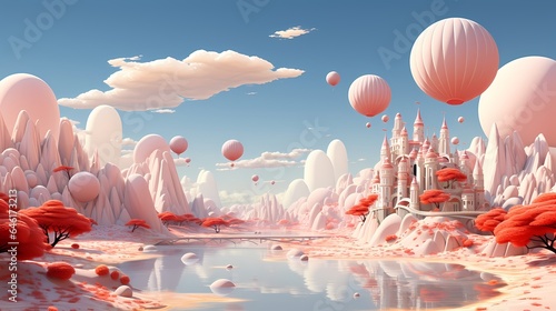 Surreal Dream Scape inspired by 3D art - bright day at the imaginary world with pink balloons (Generative AI)