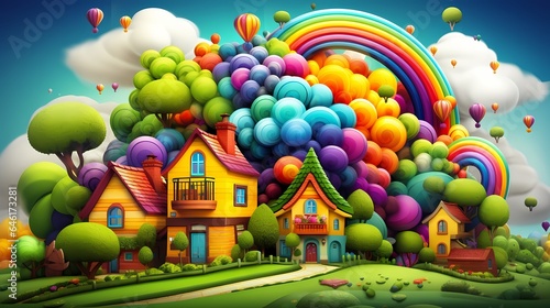 Surreal Dream Scape inspired by 3D art - colourful happy village with a rainbow (Generative AI)