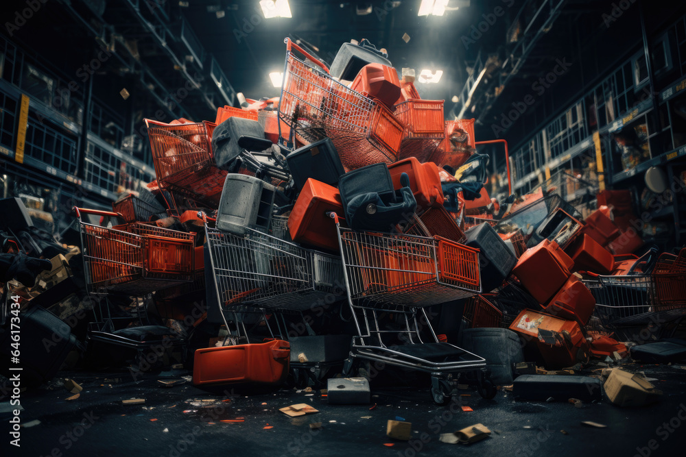 Shopping carts piled high with discounted products, showcasing the abundance of Black Friday purchases. Generative Ai.