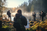 A film crew shooting on-location in a natural setting, appreciating the beauty of real landscapes. Generative Ai.