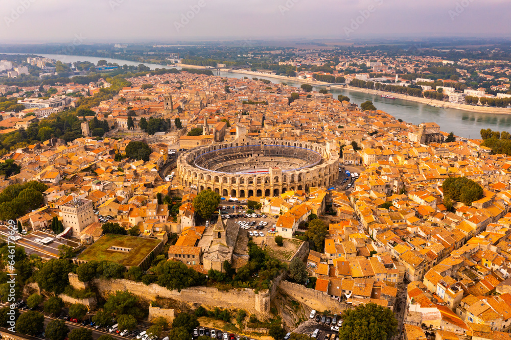 Panorama of ancient town Arles with old roman arena in Provence and Cote d'Azur, France