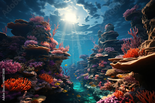 An underwater photographer captures the vibrant colors of a diverse coral reef, emphasizing the beauty and fragility of marine biodiversity. Generative AI.