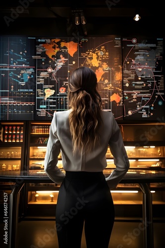 Business woman looking at chart wall with graphs and bar diagrams Generative AI