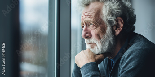 Sad melancholy senior bearded man at home looking out the window