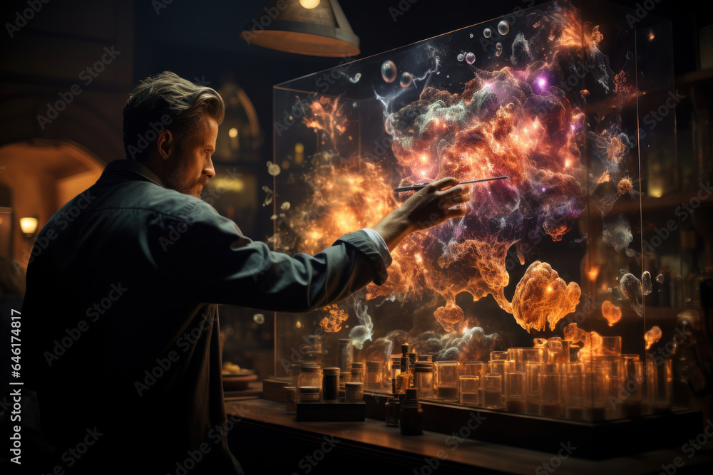A teacher leads a virtual science experiment, demonstrating practical concepts through video demonstrations and simulations. Generative AI. A teacher leads a virtual science experiment, demonstrating practical concepts through video demonstrations and simulations. Generative AI.