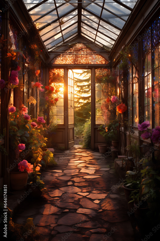 Morning Lit Greenhouse | Photography Backdrop Background | Pink Roses