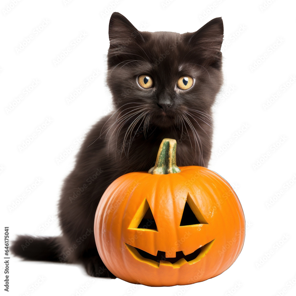 Cute Black Cat with Jack O Lantern created with Generative AI technology Cute Black Cat with Jack O Lantern created with Generative AI technology