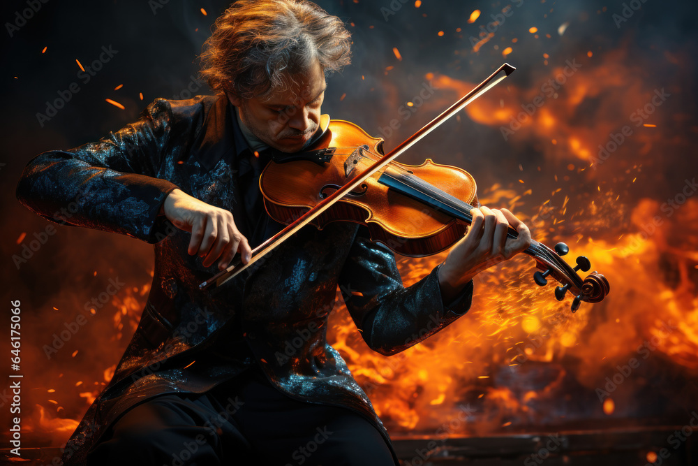 Fototapeta premium A musician passionately plays a violin, immersing in the auditory world and expressing their artistic sensory style. Generative AI.