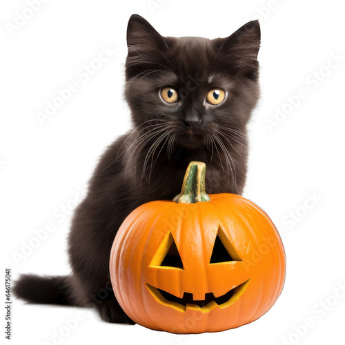 Cute Black Cat with Jack O Lantern  created with Generative AI technology © Laughing Cat