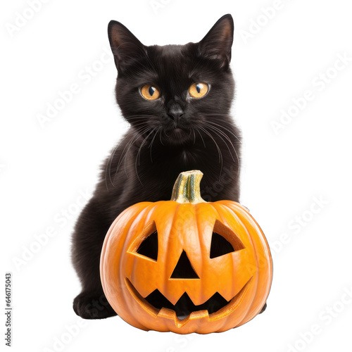 Cute Black Cat with Jack O Lantern  created with Generative AI technology © Laughing Cat