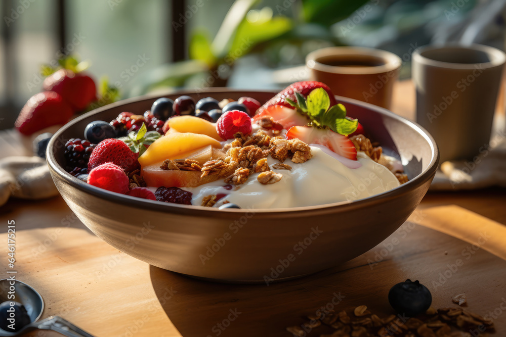 A person enjoying a nutritious breakfast bowl filled with Greek yogurt, granola, and a variety of fresh fruits. Generative Ai.