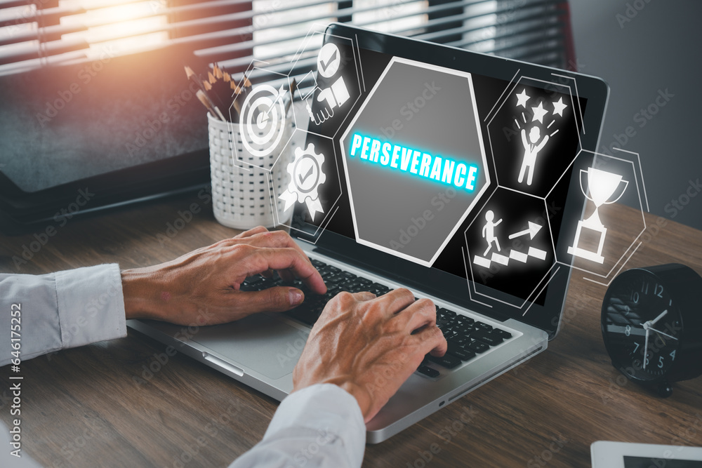 Perseverance concept, Businessman working on laptop computer with perseverance icon on virtual screen.