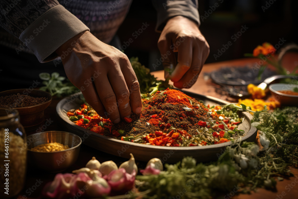 A close-up of a person's hand using herbs and spices to season a homemade meal, reducing the need for excess salt and unhealthy additives. Generative Ai.