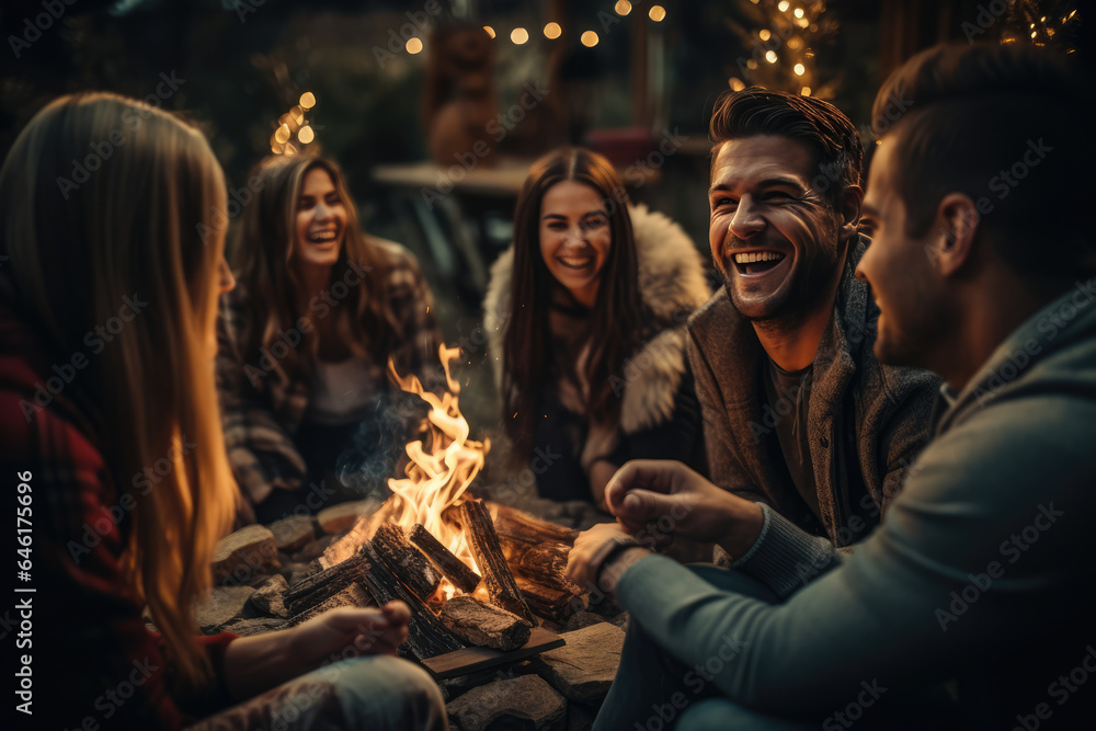 Friends gathered around a cozy bonfire, sharing stories and laughter as part of their Thanksgiving celebration. Generative Ai. Friends gathered around a cozy bonfire, sharing stories and laughter as part of their Thanksgiving celebration. Generative Ai.