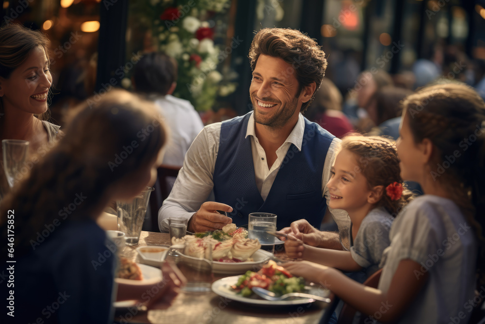 Families enjoying a festive meal at a local bistro, indulging in French cuisine on Bastille Day. Generative Ai. Families enjoying a festive meal at a local bistro, indulging in French cuisine on Bastille Day. Generative Ai.