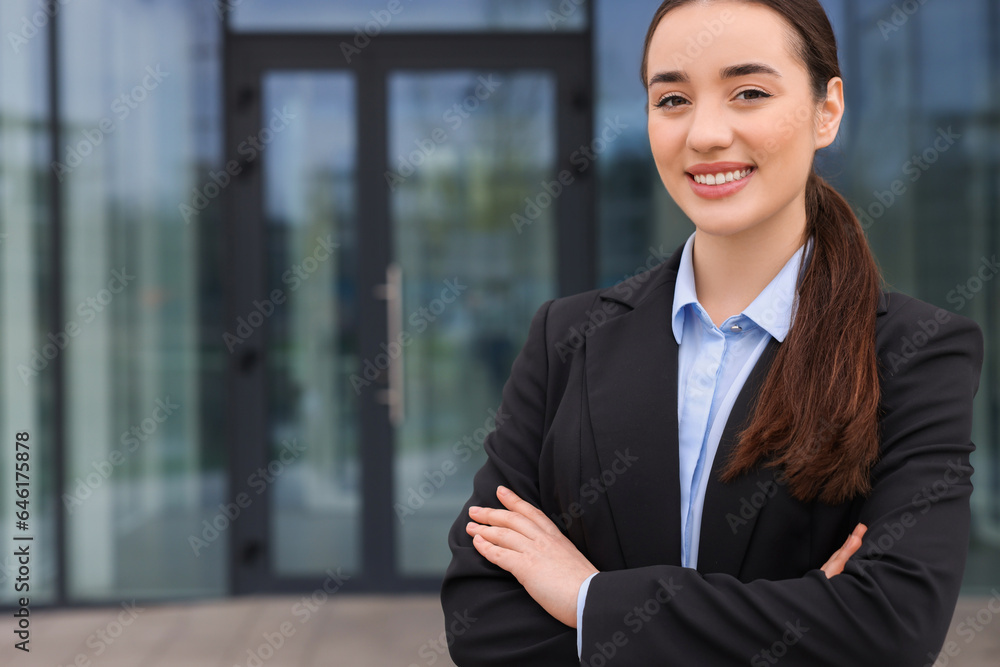 Happy real estate agent outdoors. Space for text Happy real estate agent outdoors. Space for text