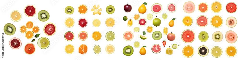 Png Set Various shapes of fruits on a transparent background with longitudinal and transverse cuts