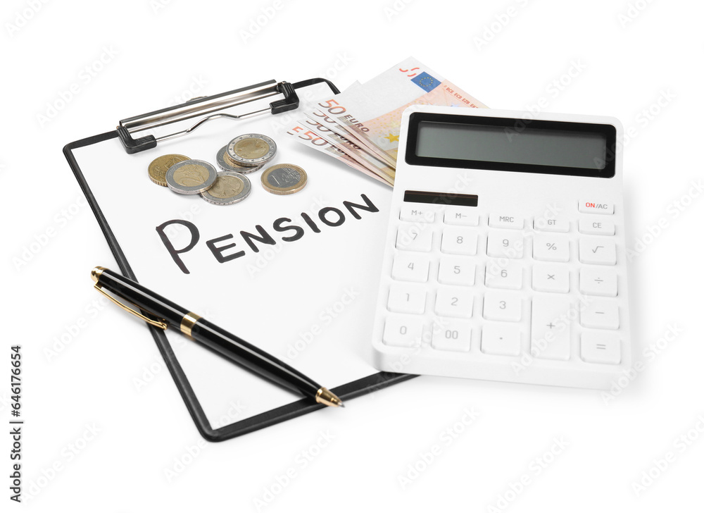 Calculator, money, clipboard with paper sheet and pen isolated on white. Pension concept Calculator, money, clipboard with paper sheet and pen isolated on white. Pension concept
