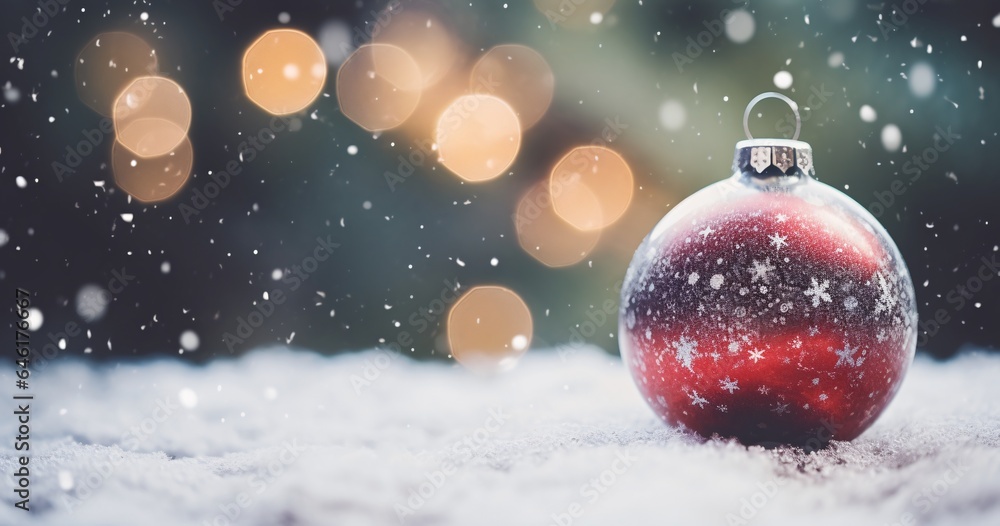 Bokeh Magic: Red Ornament Sparkles in a Snowy Setting Bokeh Magic: Red Ornament Sparkles in a Snowy Setting