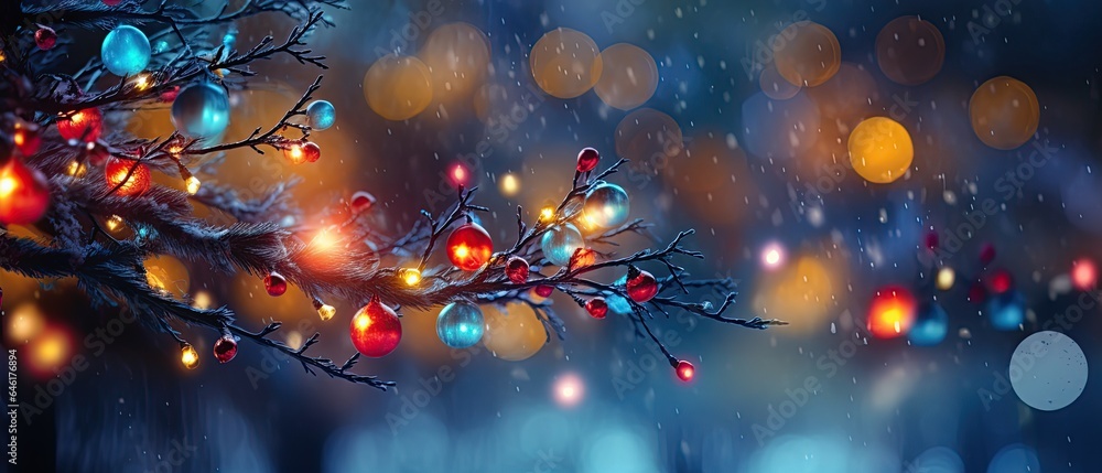 Christmas lights on a branch in the snow AI generated 