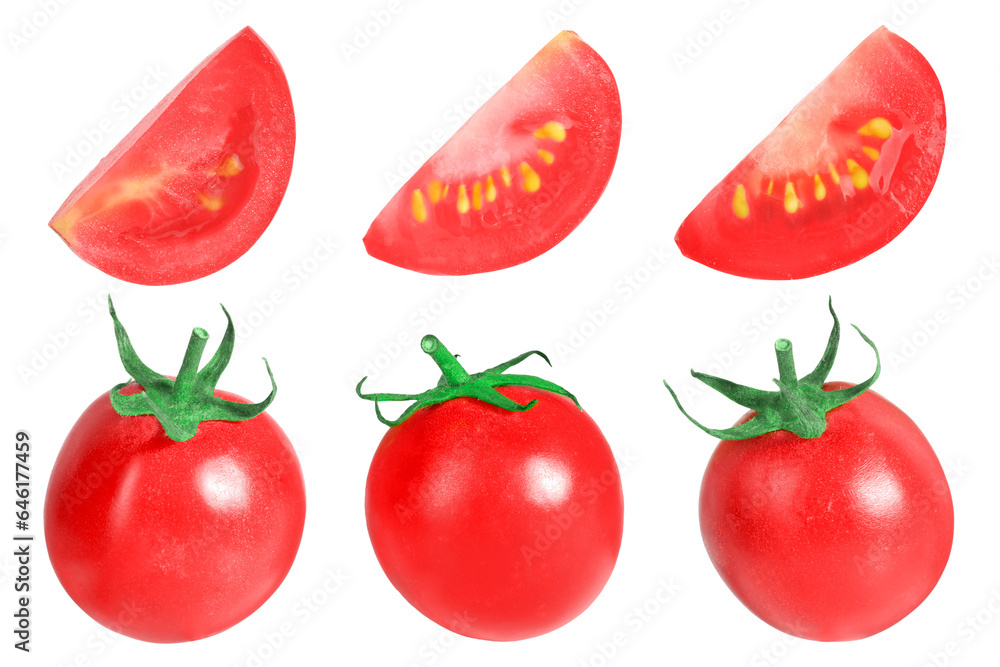 Set of fresh ripe cherry tomatoes isolated on white Set of fresh ripe cherry tomatoes isolated on white