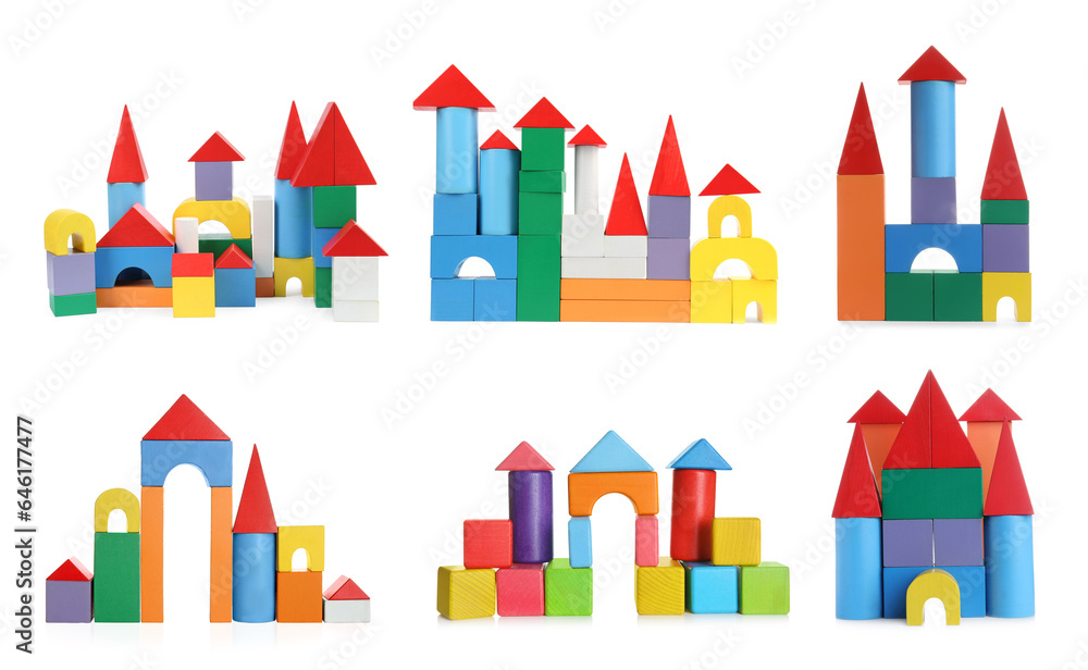 Set with different castles of building blocks isolated on white