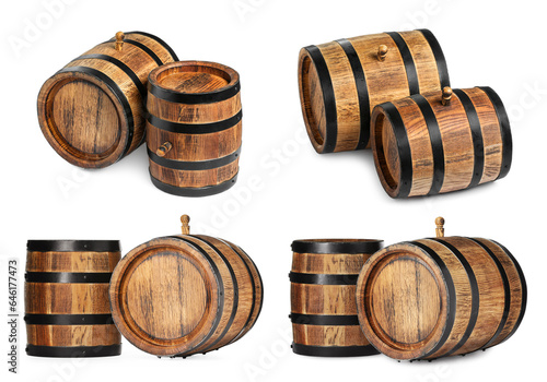 Collage with wooden barrels on white background