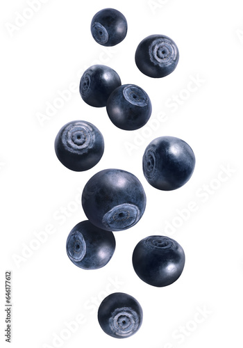 Many fresh ripe blueberries flying on white background