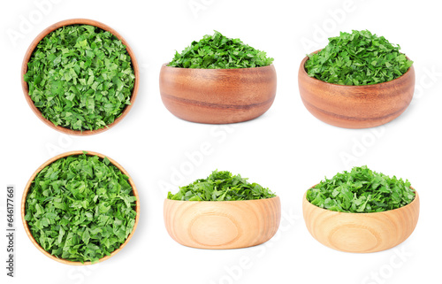 Collage with cut parsley in bowls isolated on white, top and side views