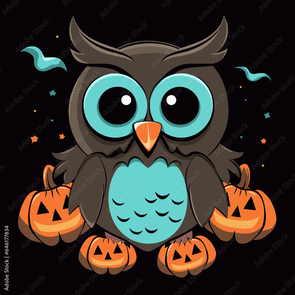 Fototapeta premium Vector Halloween Owl with Pumpkins. Holiday Clipart.