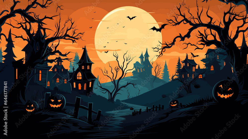 Vector Halloween spooky scene with a large moon and multiple haunted houses with jack-o-lanterns and creepy trees.