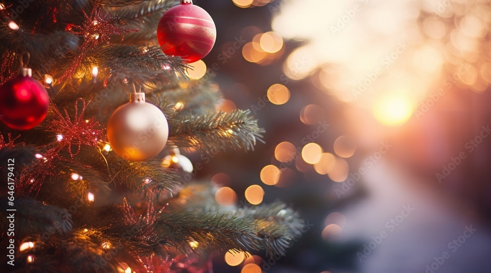 Beautiful Christmas banner background composition Decorative tree, bokeh background Beautiful Christmas banner background composition Decorative tree, bokeh background