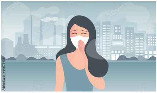 People wearing face masks tor protect P.M. 2.5 smoke, dust and air pollution in city, factory pipes and industrial smog vector illustration. Environment and air pollution concept back