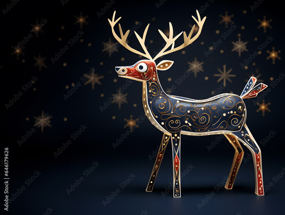 Christmas Reindeer in Blue, Gold and Red on Dark Night Background with Copy Space - Generative AI Christmas Reindeer in Blue, Gold and Red on Dark Night Background with Copy Space - Generative AI