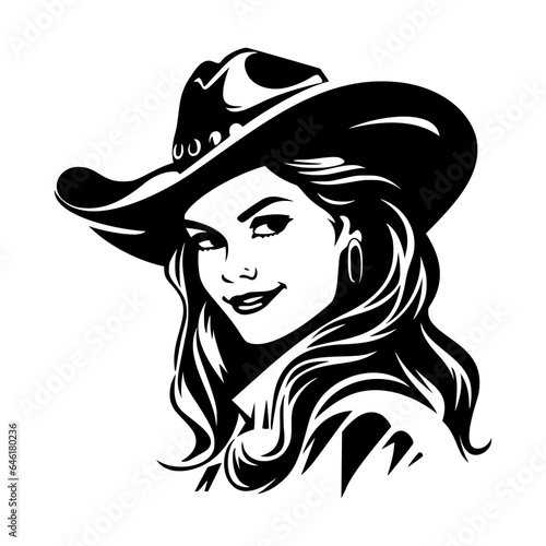 Pretty Woman Cowgirl silhouette. Beautiful Girl face. Wild west style, American western. Hand drawn cartoon style. Vector illustration isolated on white background.