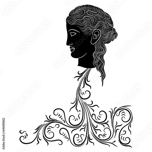 Blood pouring from a severed antique female head. Medusa Gorgon. Creative concept. Black and white silhouette.