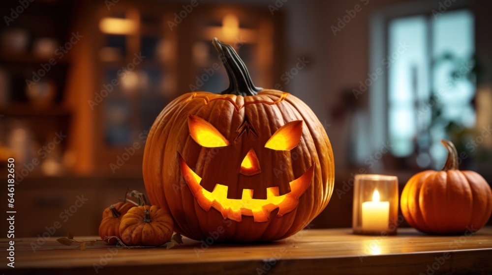 Happy halloween Carving pumpkin on the table in the home. Happy halloween Carving pumpkin on the table in the home.