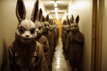 Halloween haunted house, rabbit creatures, horror, jump scare